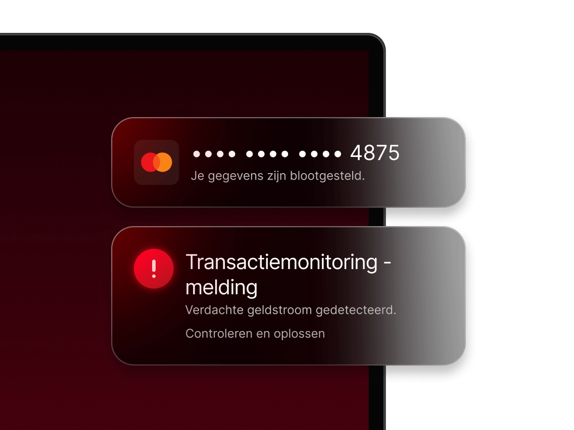 Een waarschuwing van transactiemonitoring die blootgestelde bankgegevens en verdachte geldbewegingen signaleert.