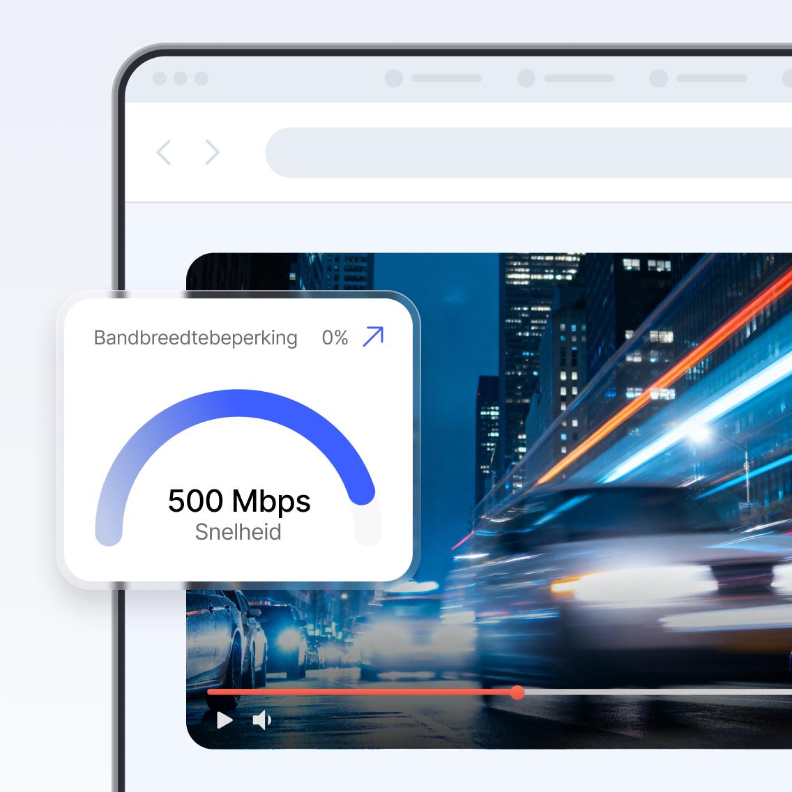 Een computerscherm waarop een video wordt afgespeeld met een snelheid van 500 Mbps, ter illustratie van hoe een snelle VPN je kan helpen bij het streamen van betaalde content.