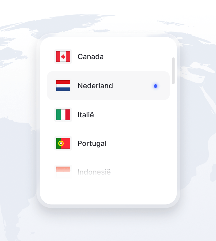 Een stukje van de wereldbol met daarop een lijst van beschikbare VPN-serverlocaties.