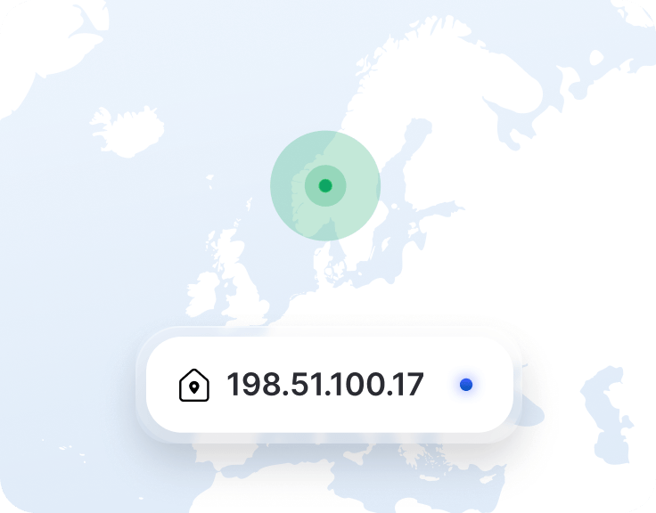 Et skjermbilde av en VPN-app med en egen IP-adresse og en posisjonsmarkør på et kart over Norge.