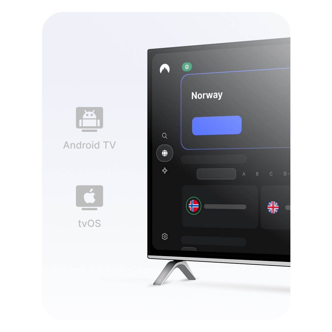 NordVPN-appen med en norsk server valgt for å konfigurere et VPN på en smart-TV for strømming.