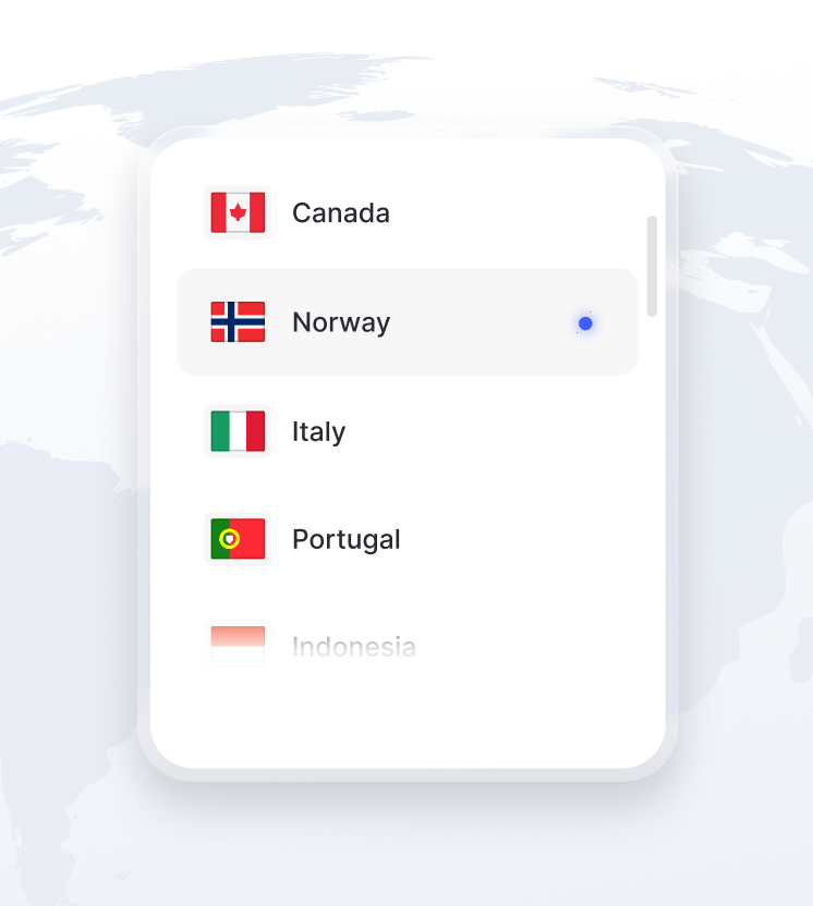 Et utsnitt av jordkloden med en liste over tilgjengelige VPN-serversteder.