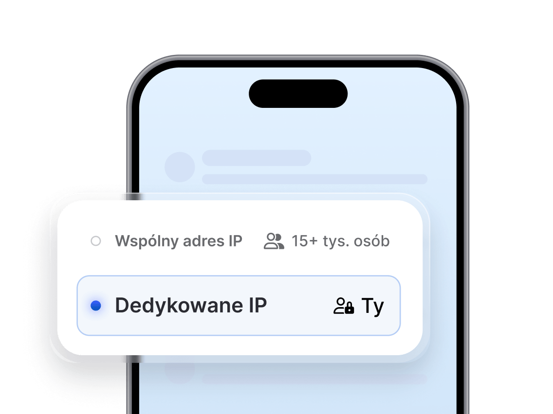 Komunikat w aplikacji mobilnej, który prosi użytkownika o wybór między współdzielonym a dedykowanym adresem IP.