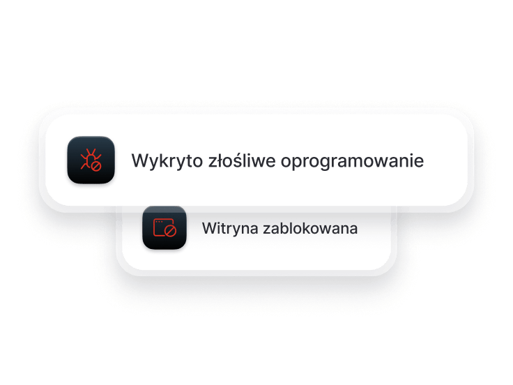 Ekran przeglądarki z komunikatami „Wykryto złośliwe oprogramowanie” i „Strona zablokowana”.