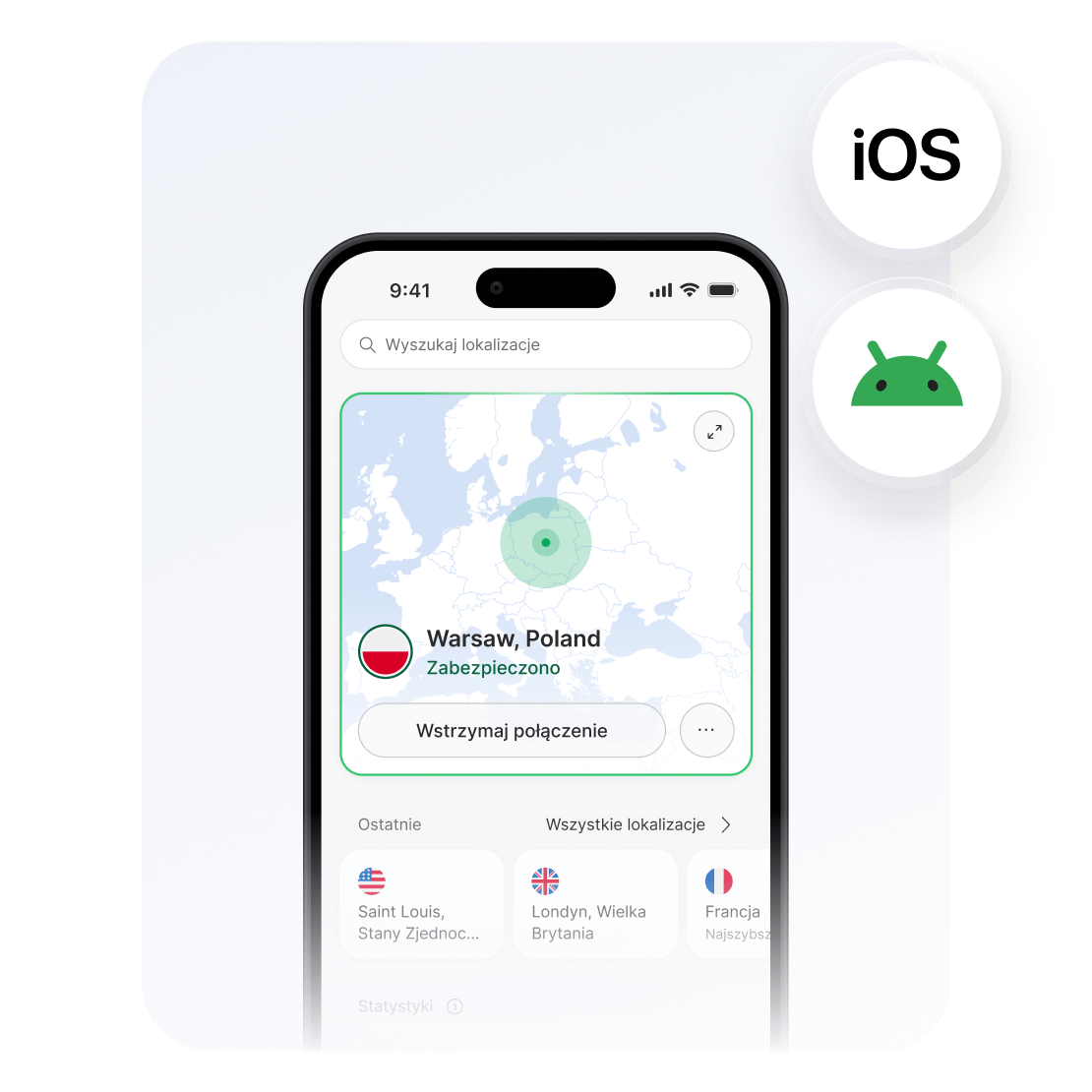 Smartfon z aplikacją NordVPN połączoną z serwerem w Polsce do streamingu płatnych treści dostępnych tylko w kraju zamieszkania użytkownika.