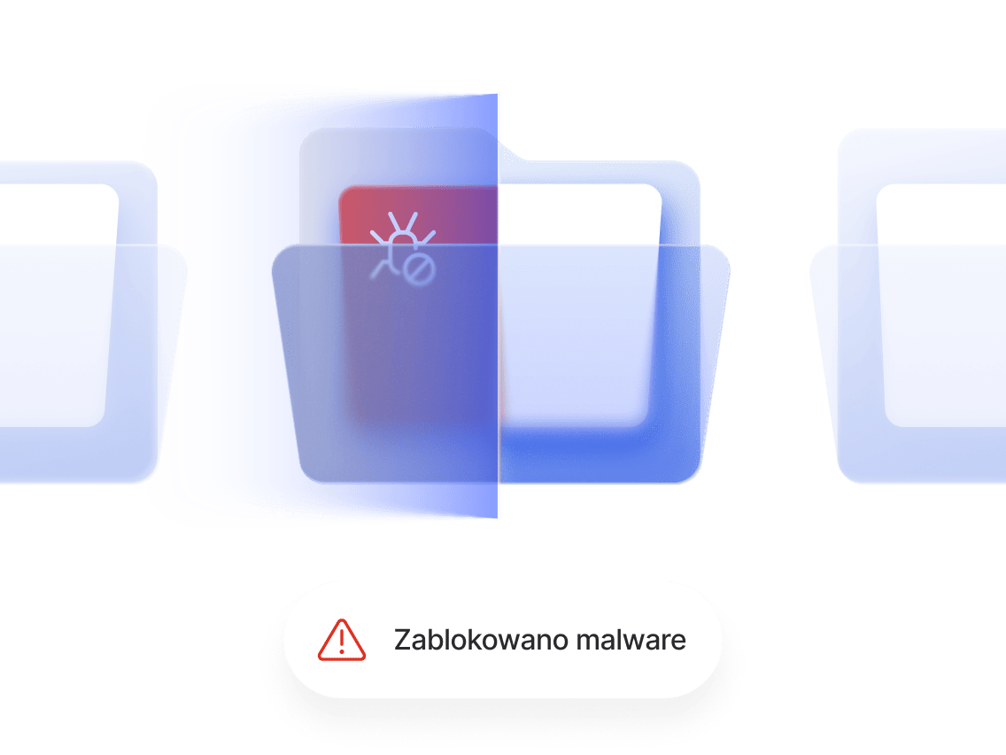 Grafika przedstawiająca zablokowany folder zawierający złośliwe oprogramowanie wraz z powiadomieniem „Zablokowano złośliwe oprogramowanie”.