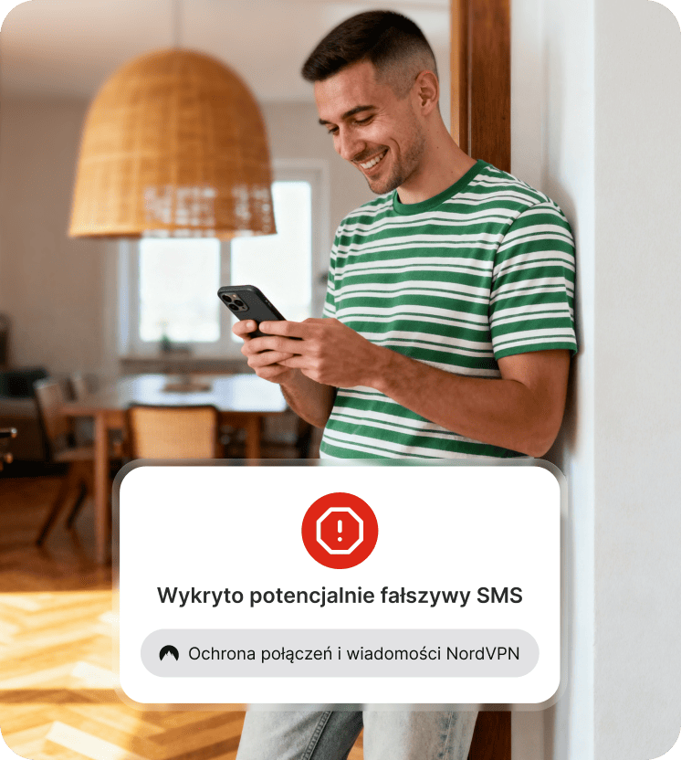 Osoba przegląda powiadomienie z funkcji ochrony wiadomości od NordVPN na temat podejrzanej wiadomości SMS.