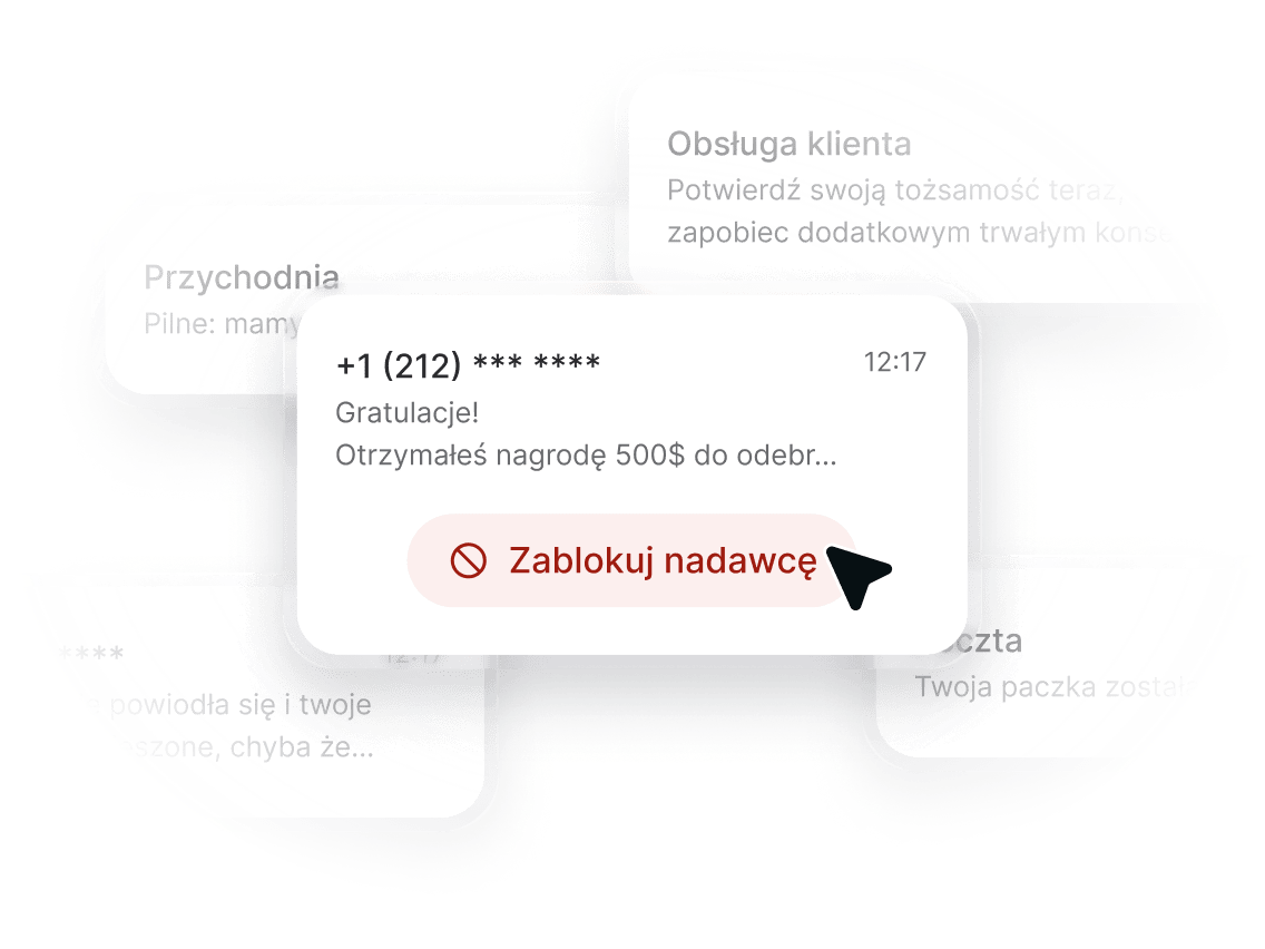 SMS z nieznanego numeru z przyciskiem „Zablokuj nadawcę” tuż pod nim.