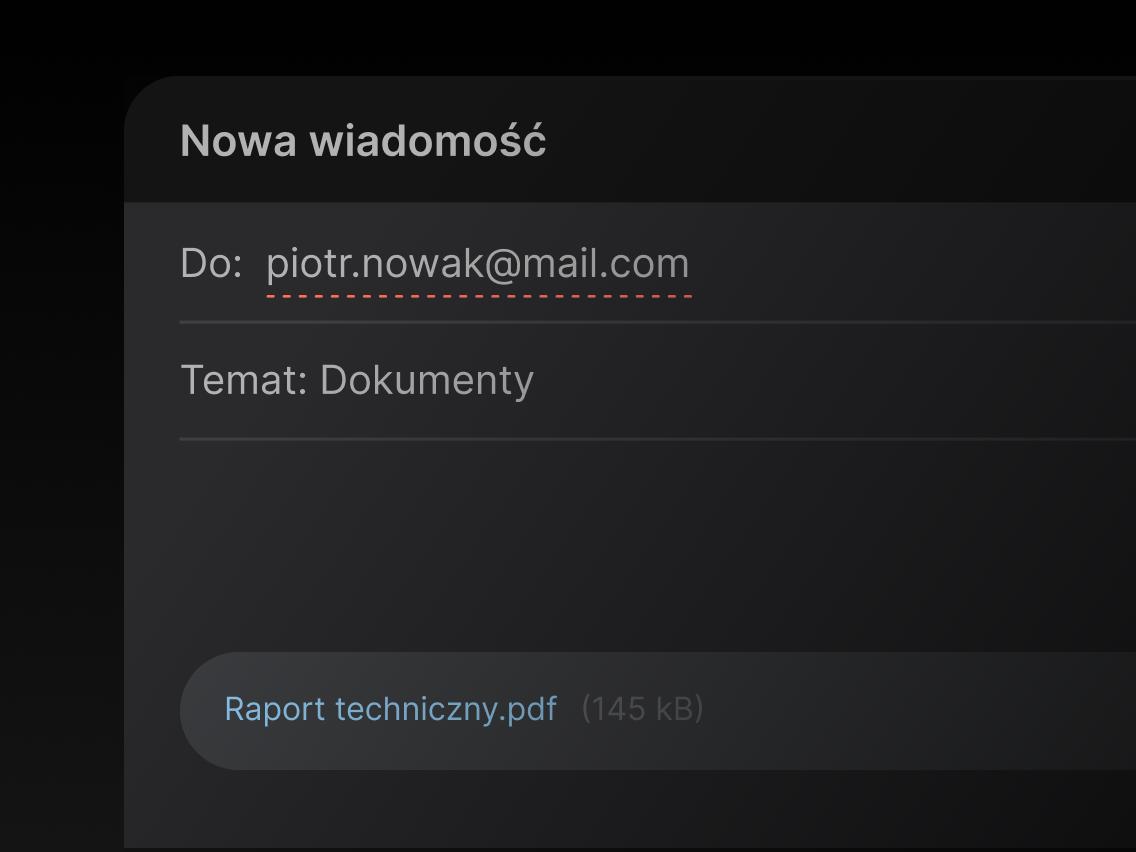 Wiadomość e-mail z załączonym plikiem .pdf i tematem „Dokumenty”.