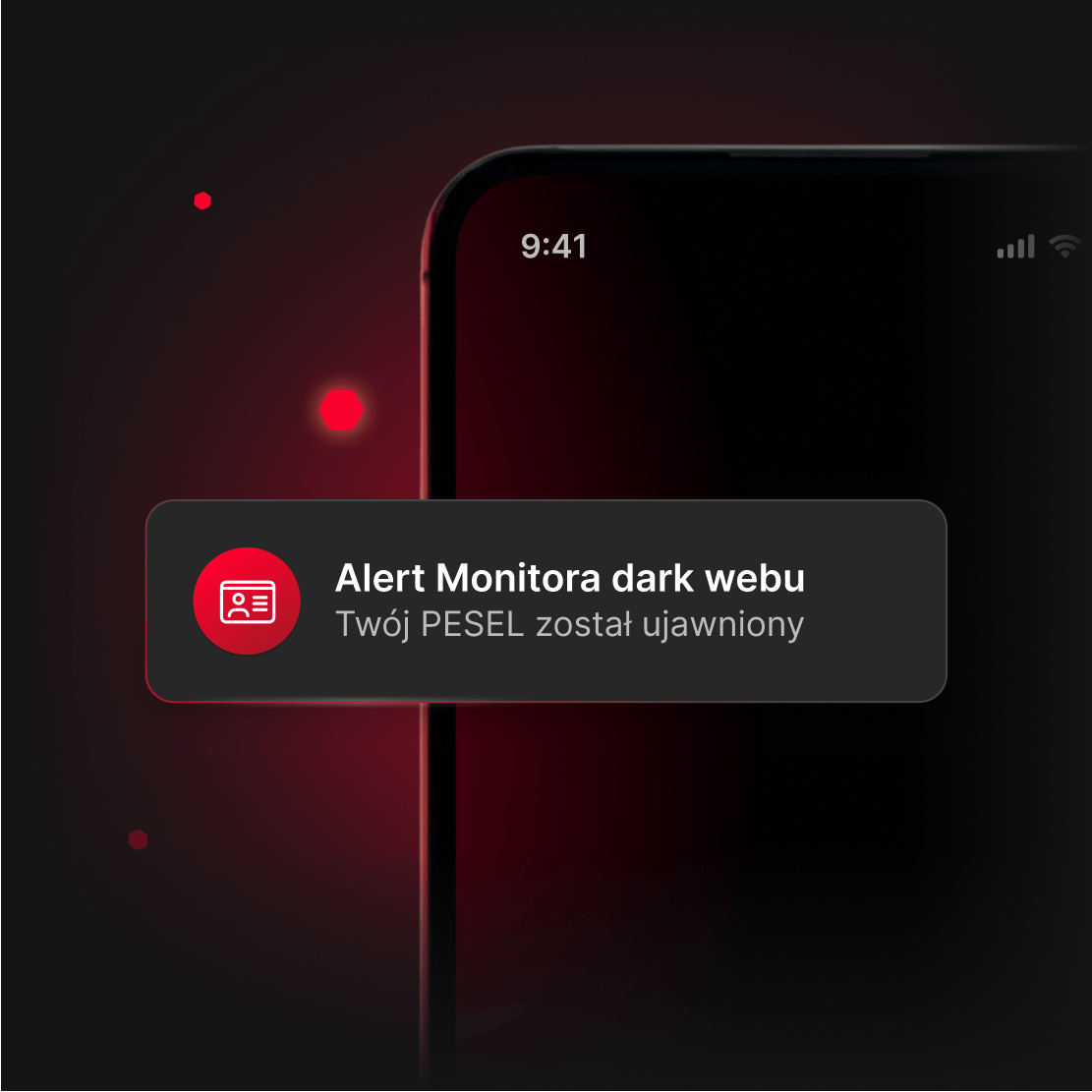 Telefon z pilnym powiadomieniem od Monitora Dark Webu o wykryciu numeru dowodu osobistego użytkownika w dark webie.