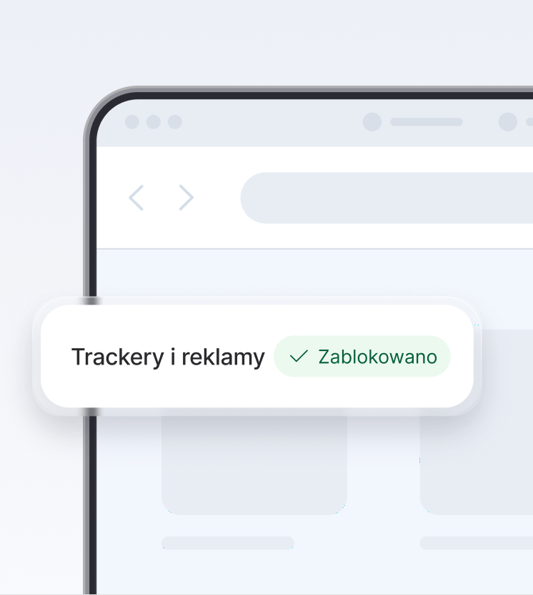Ekran przeglądarki pokazujący nowoczesny antywirus blokujący trackery i reklamy.