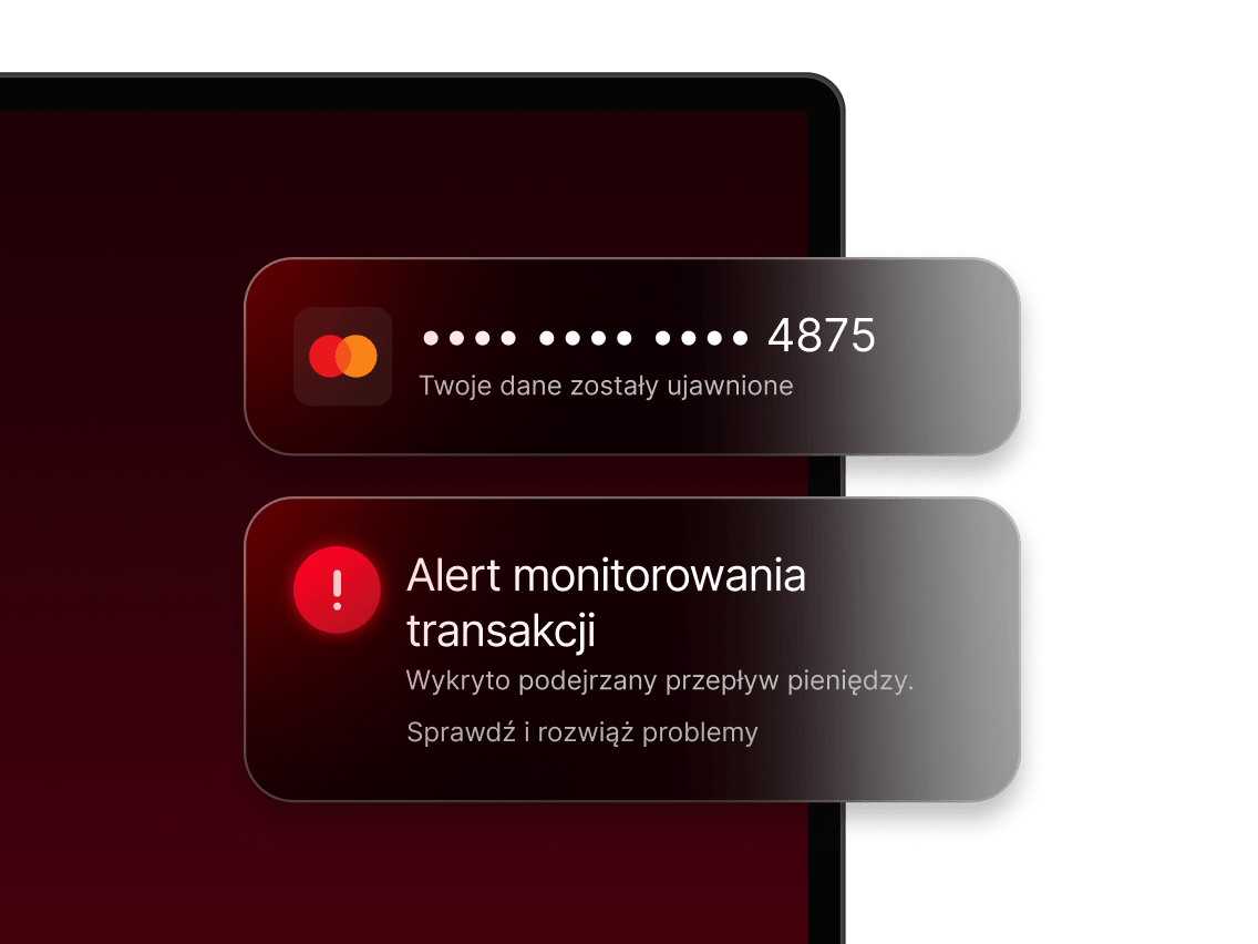 Alert monitorowania transakcji wskazujący ujawnione dane bankowe i podejrzane przepływy pieniędzy.