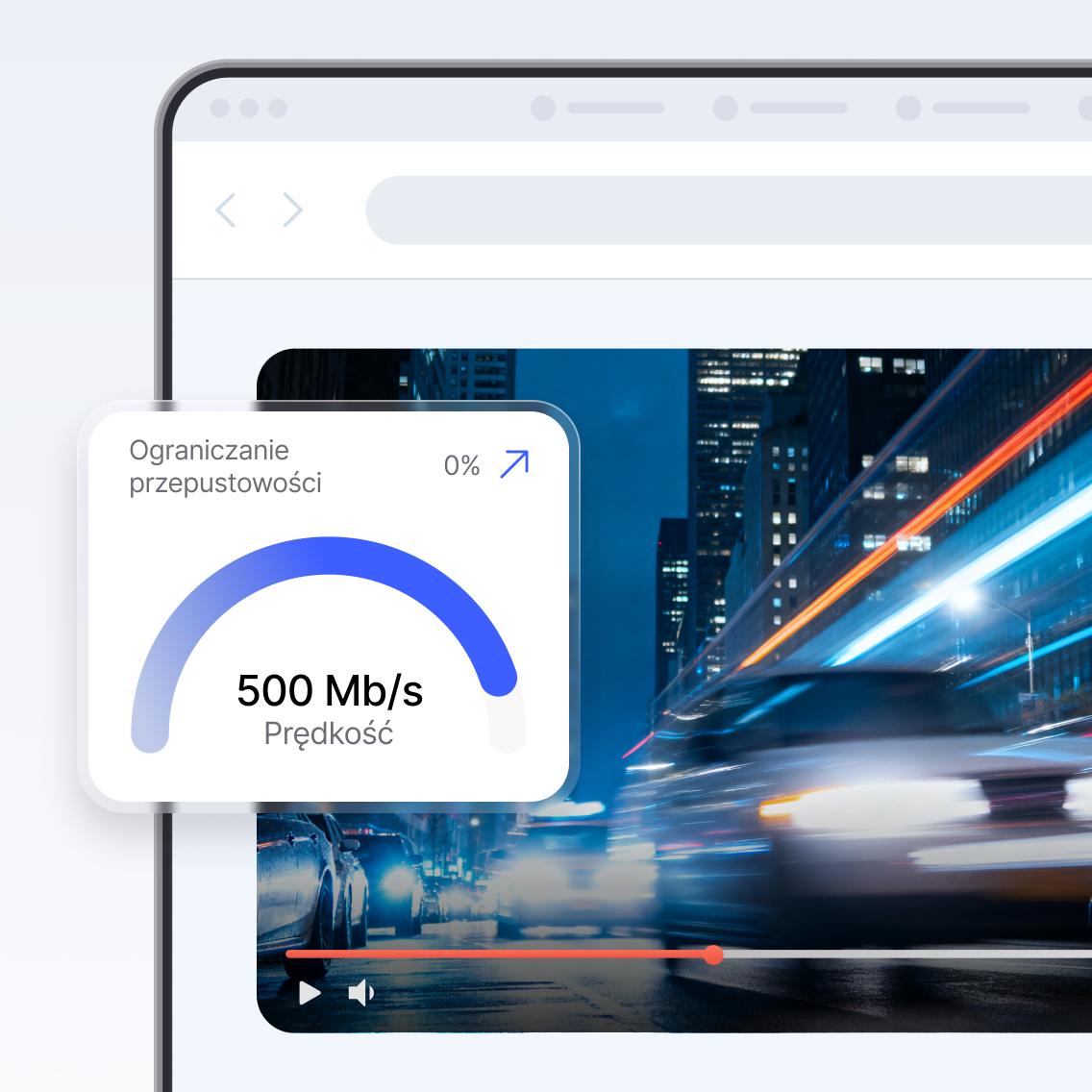 Ekran komputera z filmem streamowanym z prędkością 500 Mb/s, ilustrujący korzyści, które wynikają z korzystania z szybkiej sieci VPN do odtwarzania płatnych treści.