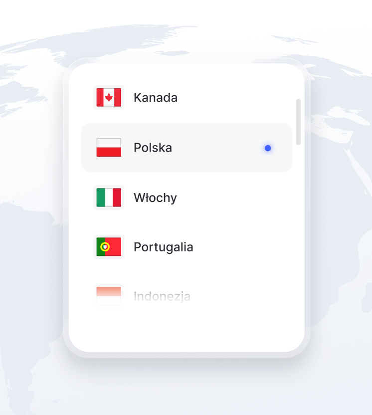 Fragment mapy świata z listą dostępnych lokalizacji serwerów VPN.