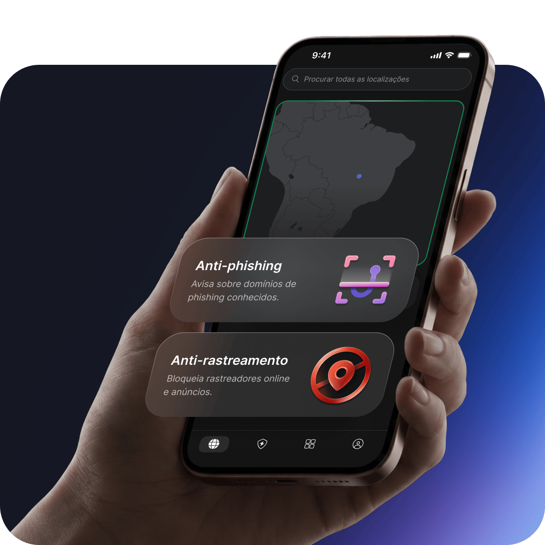 As funcionalidades de segurança da NordVPN para proteção contra golpes e phishing mostradas na tela de um dispositivo.