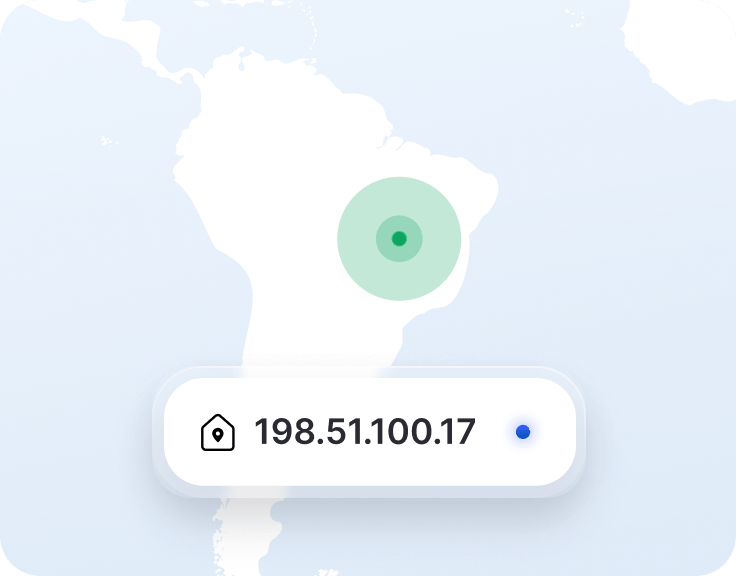 Fragmento de um aplicativo de VPN com um IP dedicado e um marcador de localização em um mapa do Brasil.