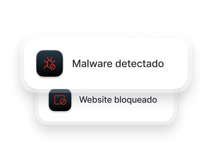 Uma tela de navegador com os avisos “Malware detectado” e “Site bloqueado”.