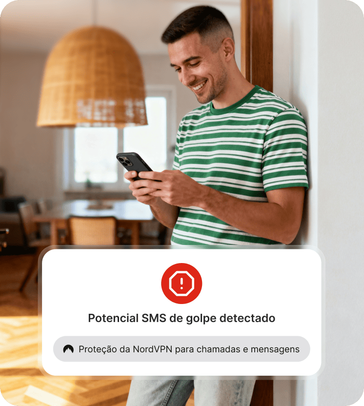 Uma pessoa recebendo o alerta de Proteção de Mensagens da NordVPN no smartphone.