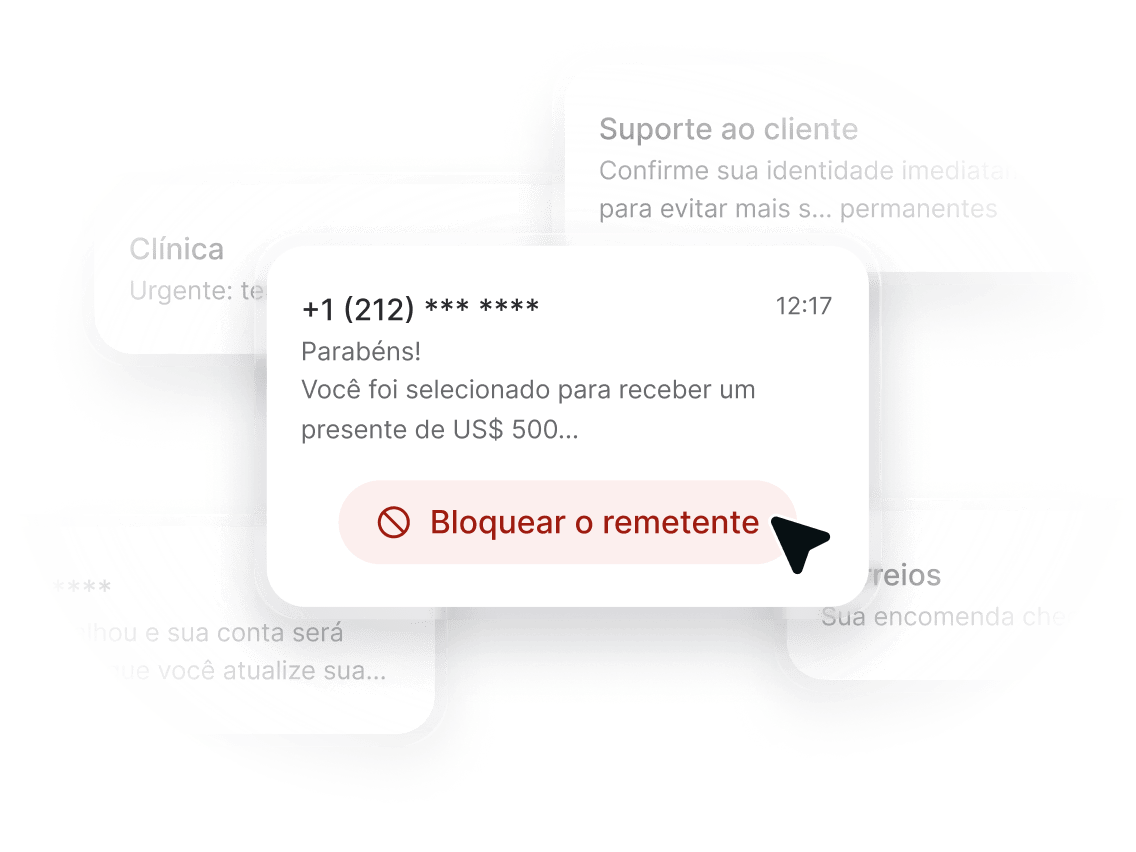 Um SMS de um número desconhecido com um botão “Bloquear o remetente” logo abaixo dela.