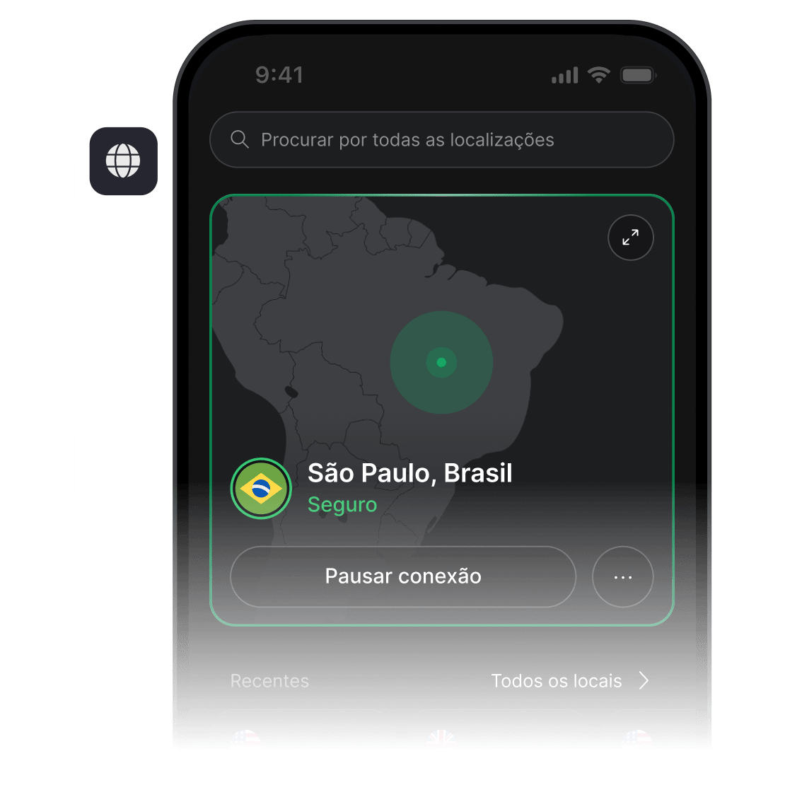 A tela de um smartphone com o aplicativo da NordVPN aberto, conectado a um servidor VPN nos EUA.