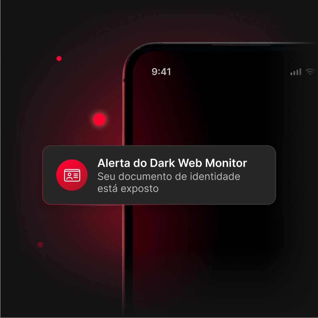 Um celular com um alerta urgente do Dark Web Monitor sobre a descoberta do número de identidade oficial do usuário na dark web.