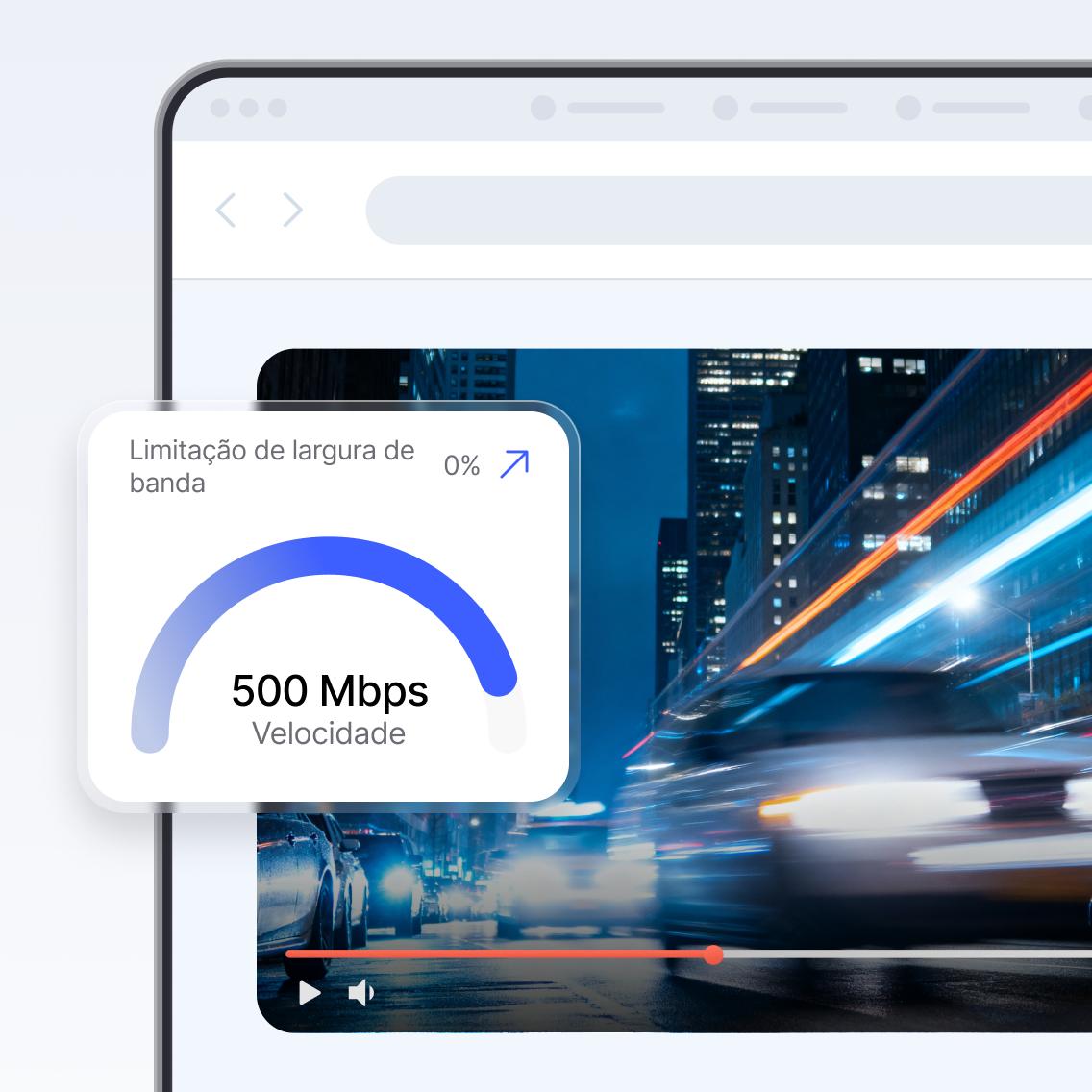 Uma tela de computador exibe um vídeo reproduzido a 500 Mbps, ilustrando como uma VPN rápida pode ajudar você a fazer streaming de conteúdo pago.