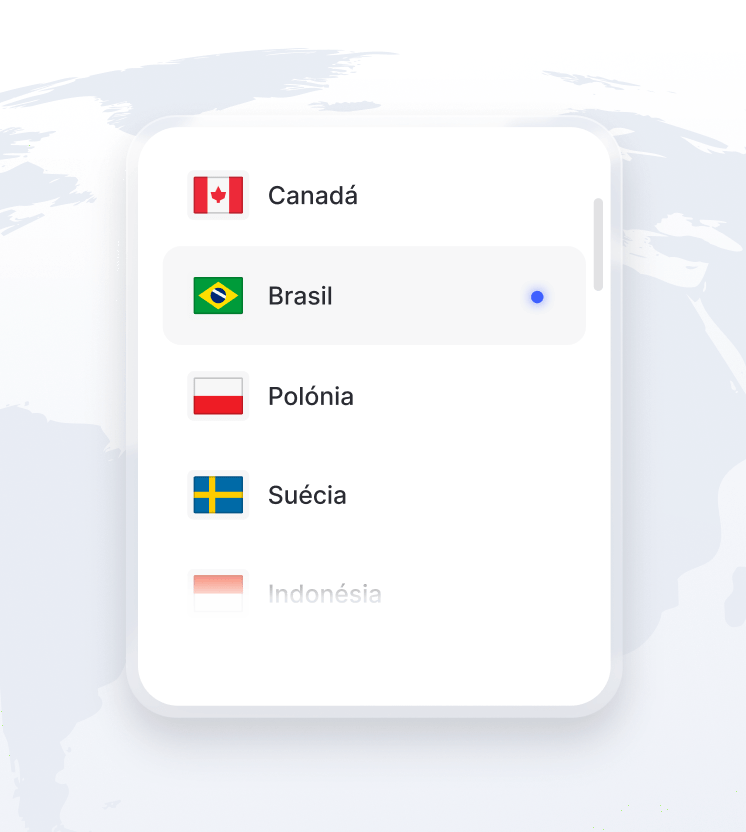 Uma parte do globo terrestre com uma lista de localizações de servidores de VPN disponíveis.