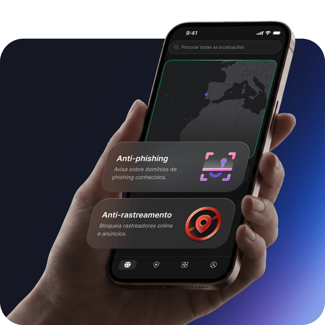 Funcionalidades de segurança da NordVPN para proteção contra fraudes e phishing apresentadas no ecrã de um dispositivo.