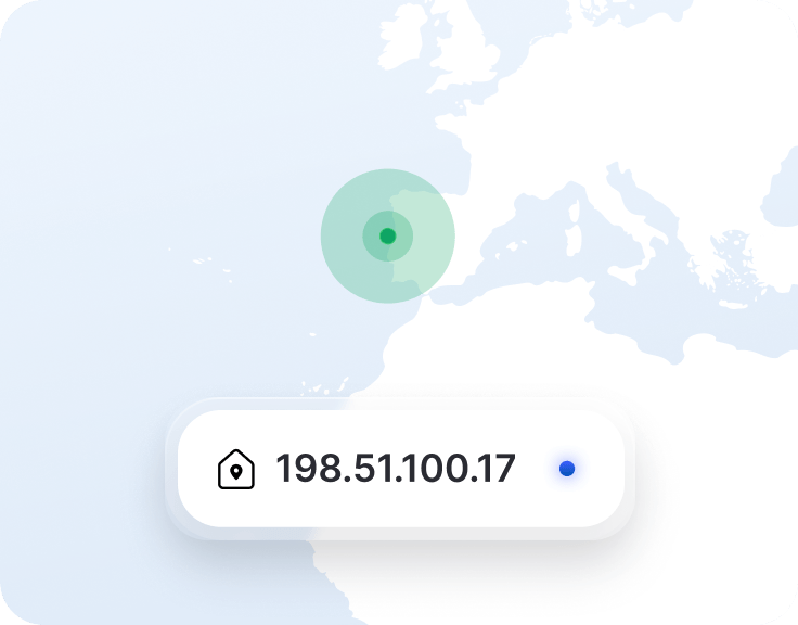 Um fragmento de uma aplicação VPN com um endereço IP dedicado e um marcador de localização num mapa de Portugal.