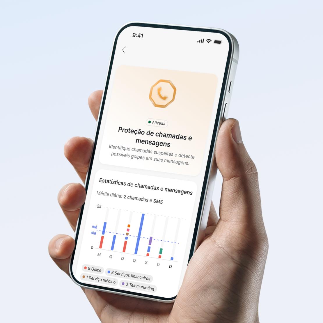 A hand holds a smartphone showing a call and message protection activity chart in the NordVPN app.