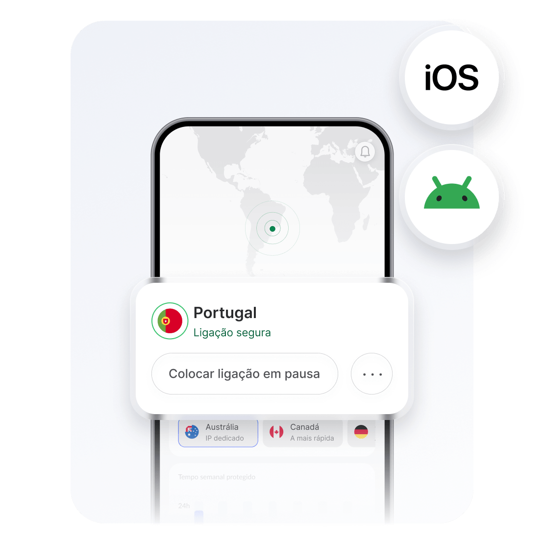 Um smartphone que mostra a aplicação NordVPN ligada a um servidor em Portugal para ver conteúdos domésticos pagos em streaming.