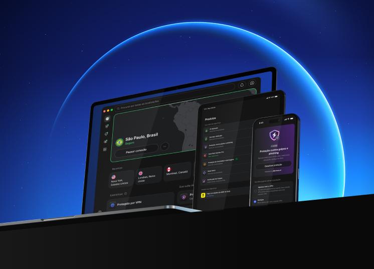 Um portátil, um tablet e um smartphone, todos a utilizar a NordVPN para uma navegação online mais segura.