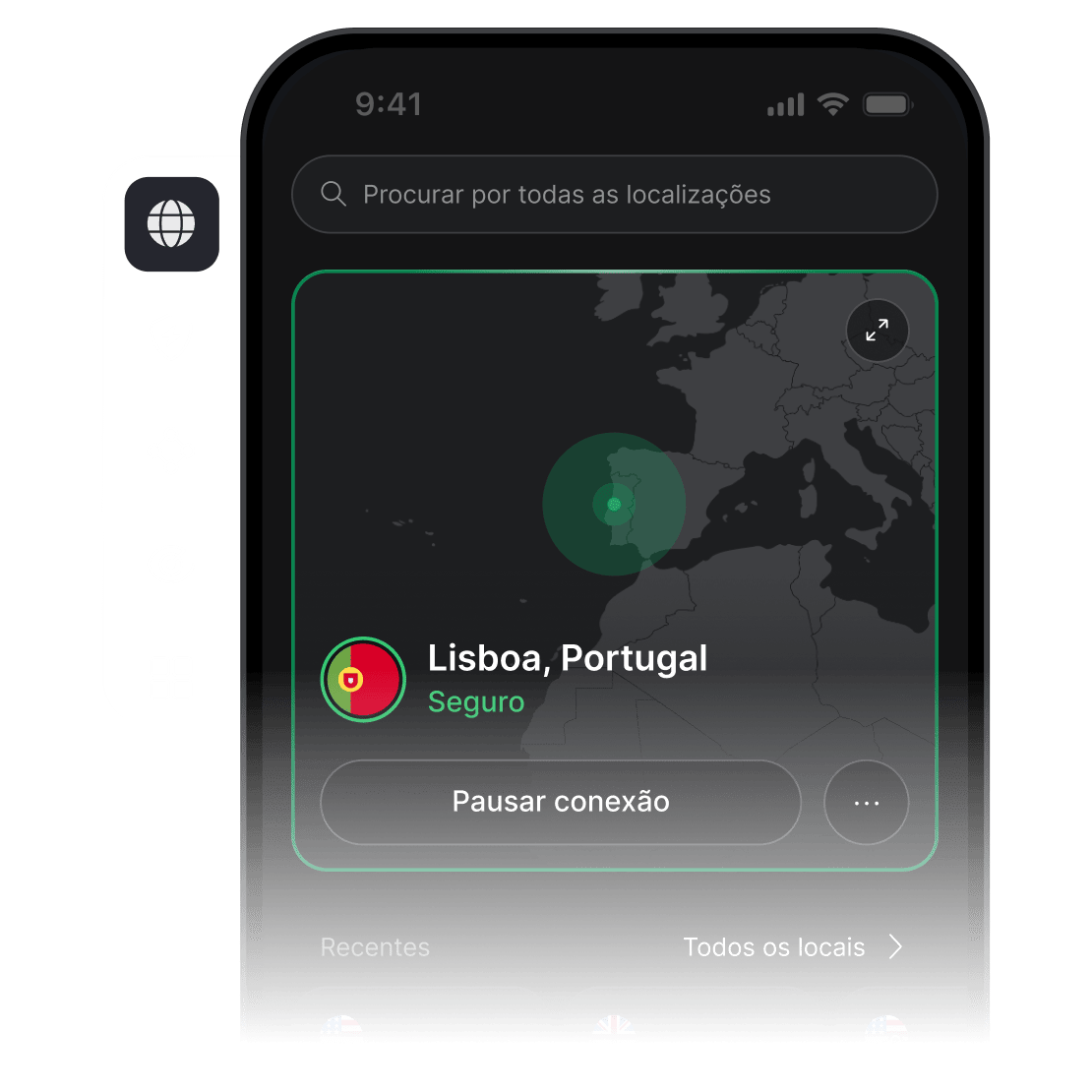 Ecrã de um smartphone com a aplicação NordVPN aberta, ligada a um servidor de VPN nos EUA.