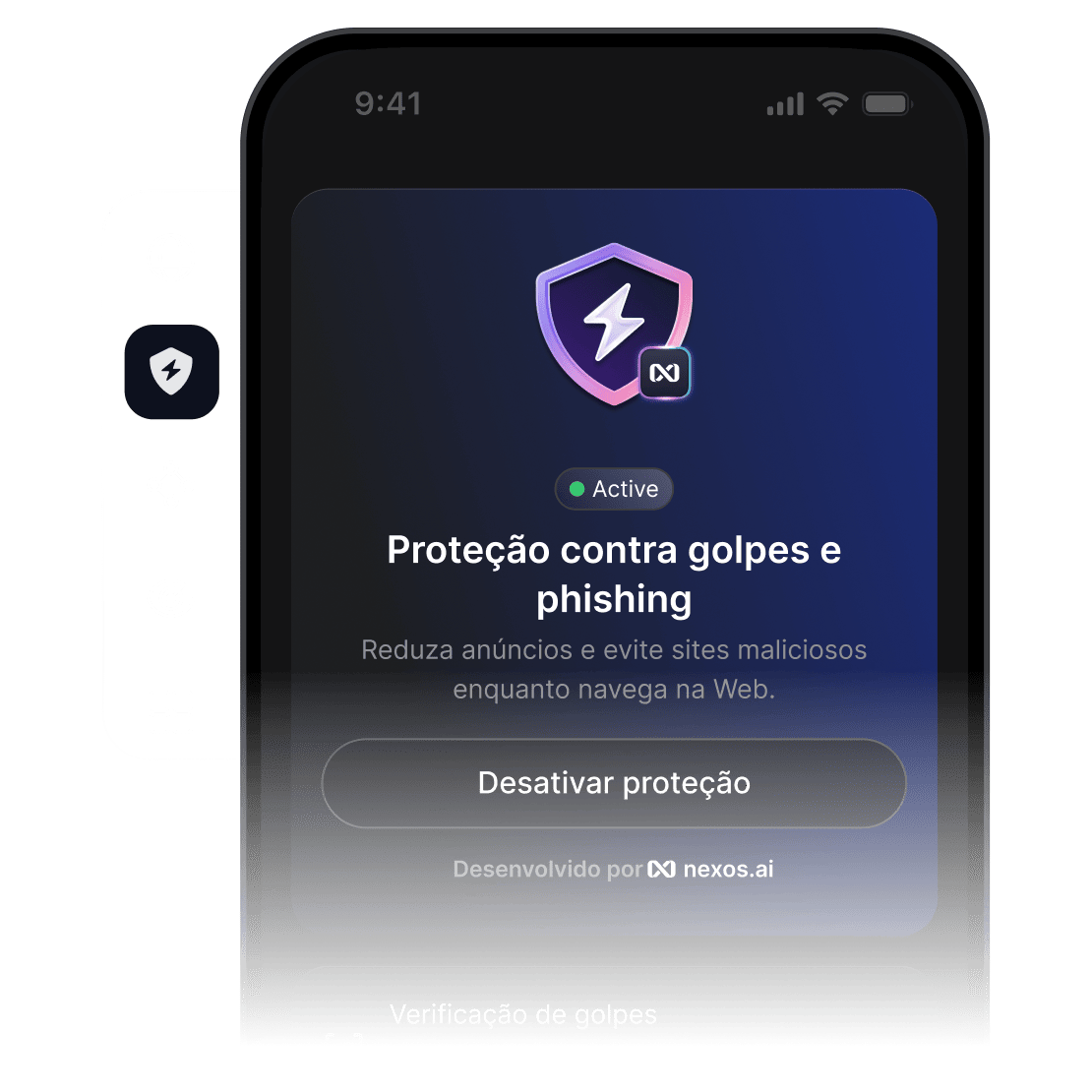 Ecrã de um smartphone com a aplicação da NordVPN aberta e a funcionalidade de proteção contra fraudes e phishing ativada.