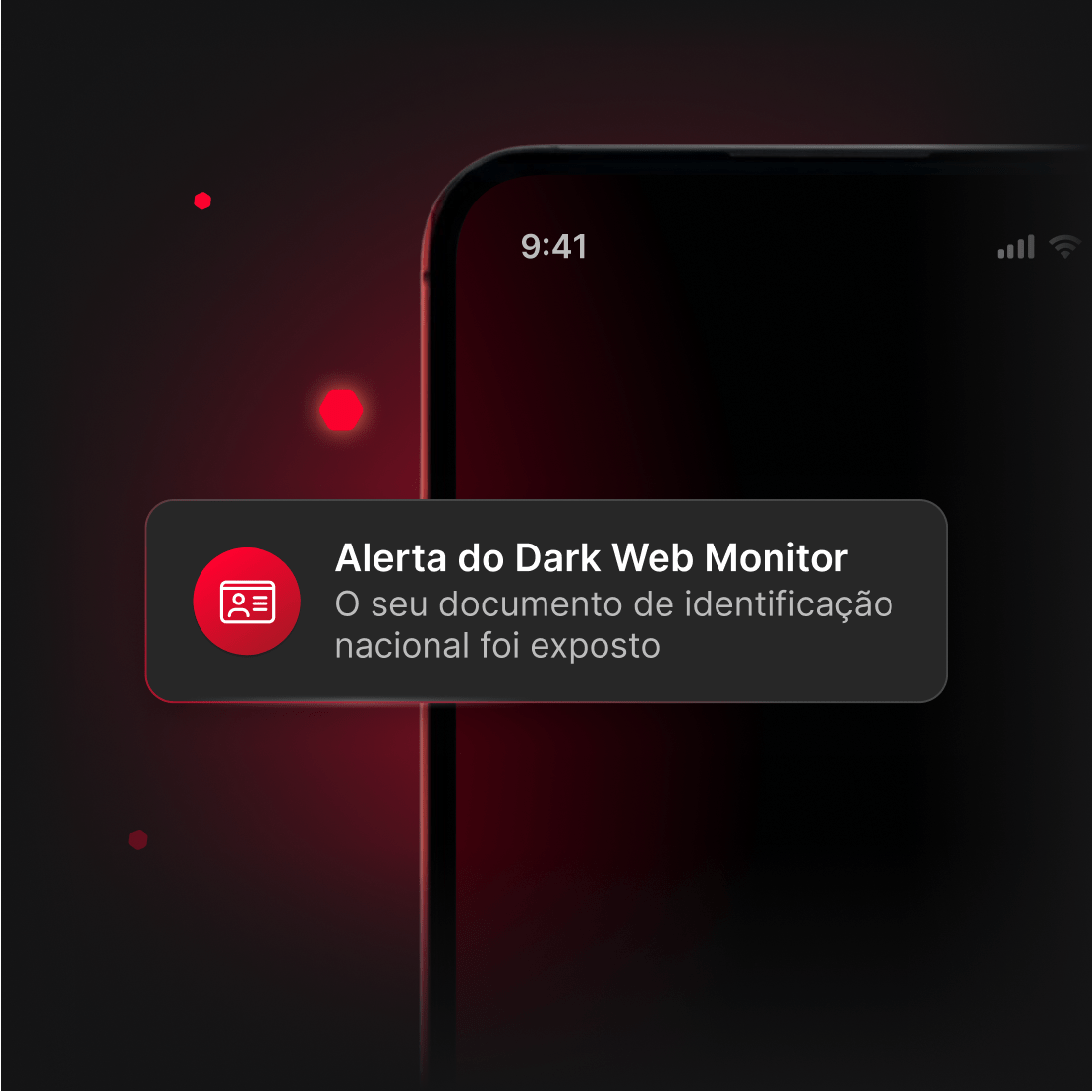 Um telemóvel com um alerta urgente do Dark Web Monitor a avisar sobre a deteção do documento de identificação do utilizador na dark web.