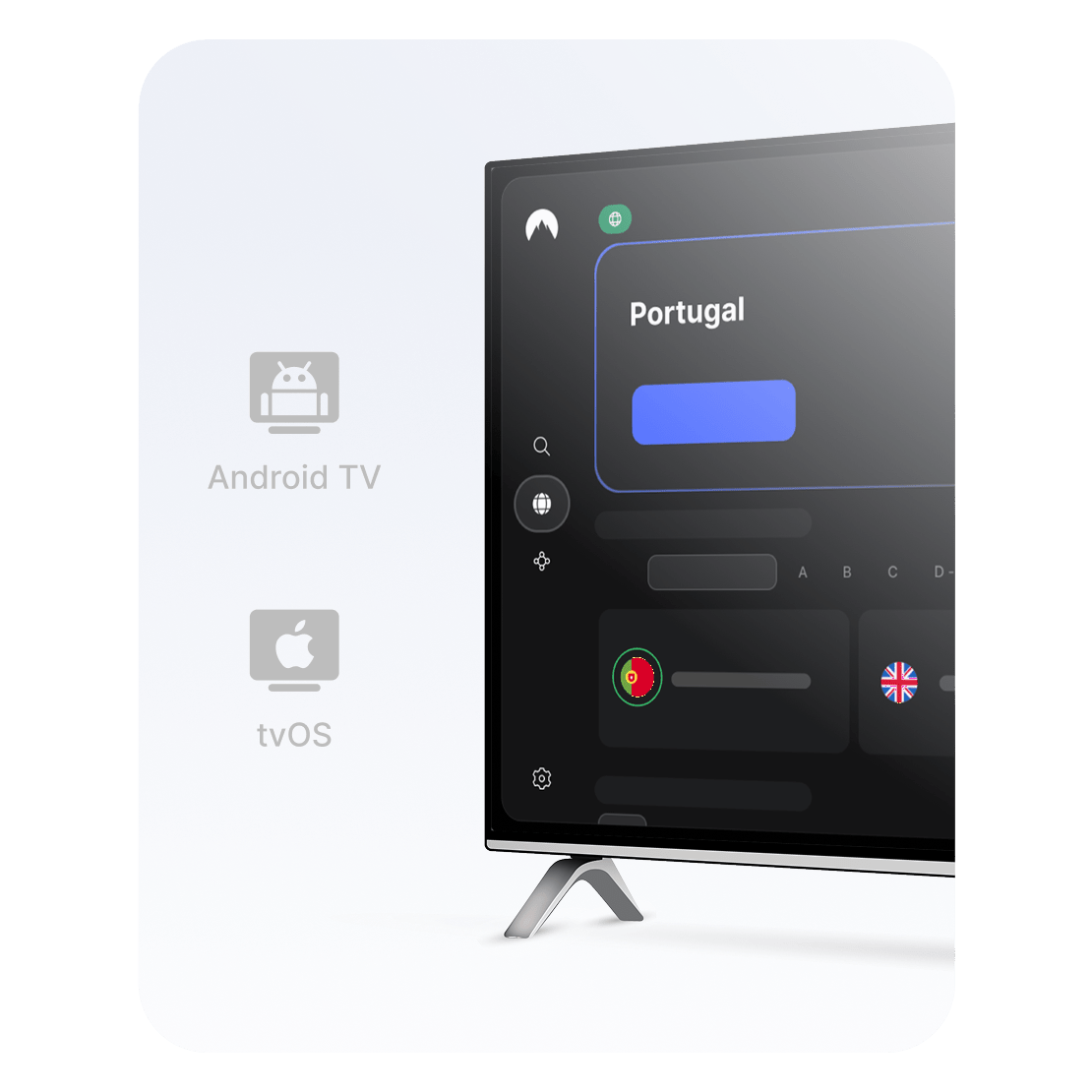 A aplicação NordVPN com um servidor em Portugal selecionado para configurar uma VPN numa smart TV para streaming.