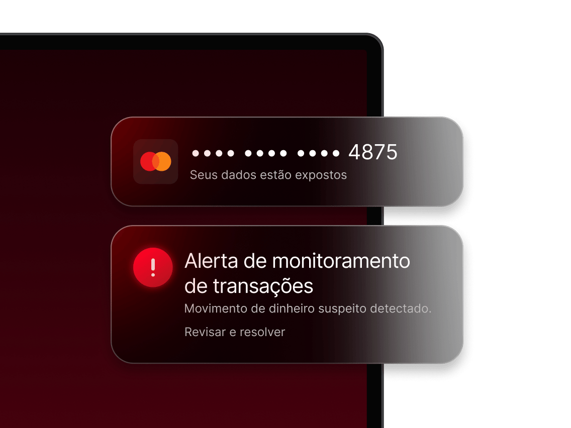 Um alerta de monitorização de transações que assinala dados bancários expostos e movimentos suspeitos.