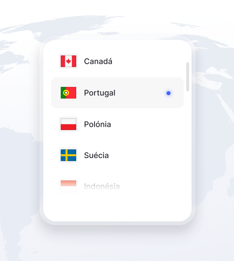 Uma pequena secção do globo com uma lista das localizações de servidores de VPN disponíveis.