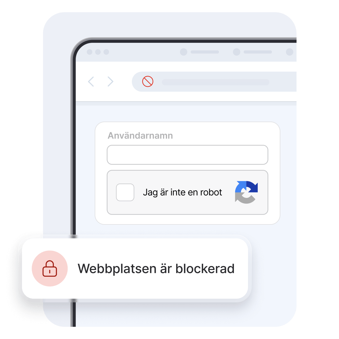 Ett inloggningsfönster på en webbplats med en CAPTCHA-förfrågning och ett meddelande om att webbplatsen är blockerad.