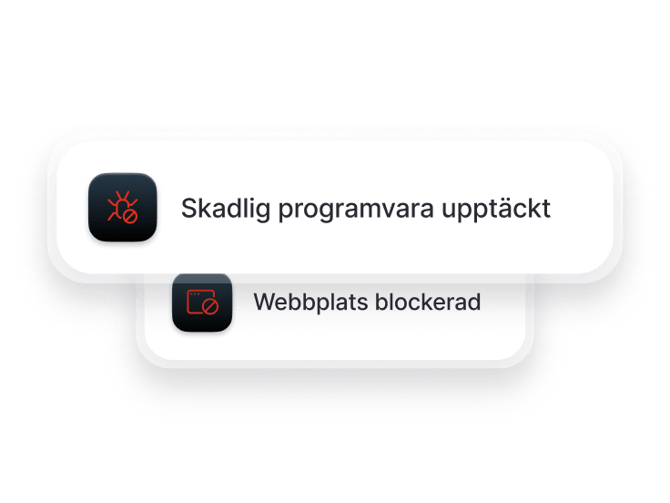 En webbläsarskärm som visar varningarna Skadlig programvara upptäckt och Webbplats blockerad.