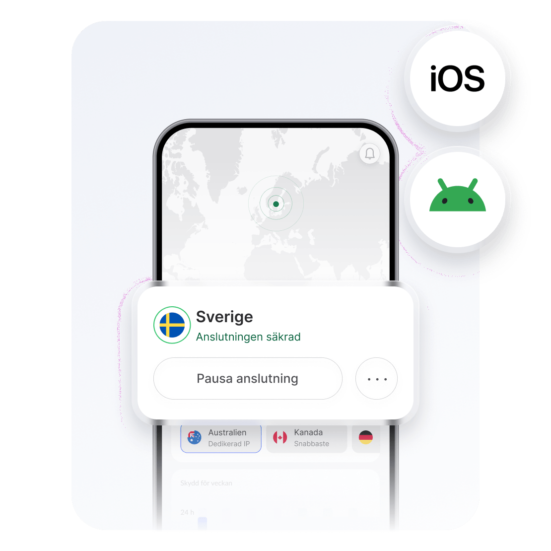 En smartphone som visar NordVPN-appen ansluten till en svensk server för att strömma betalt innehåll från hemlandet.