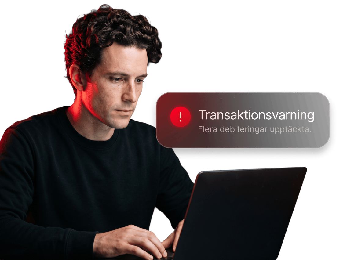 En person som granskar en varning från NordVPN:s transaktionsövervakning på sin bärbara dator.