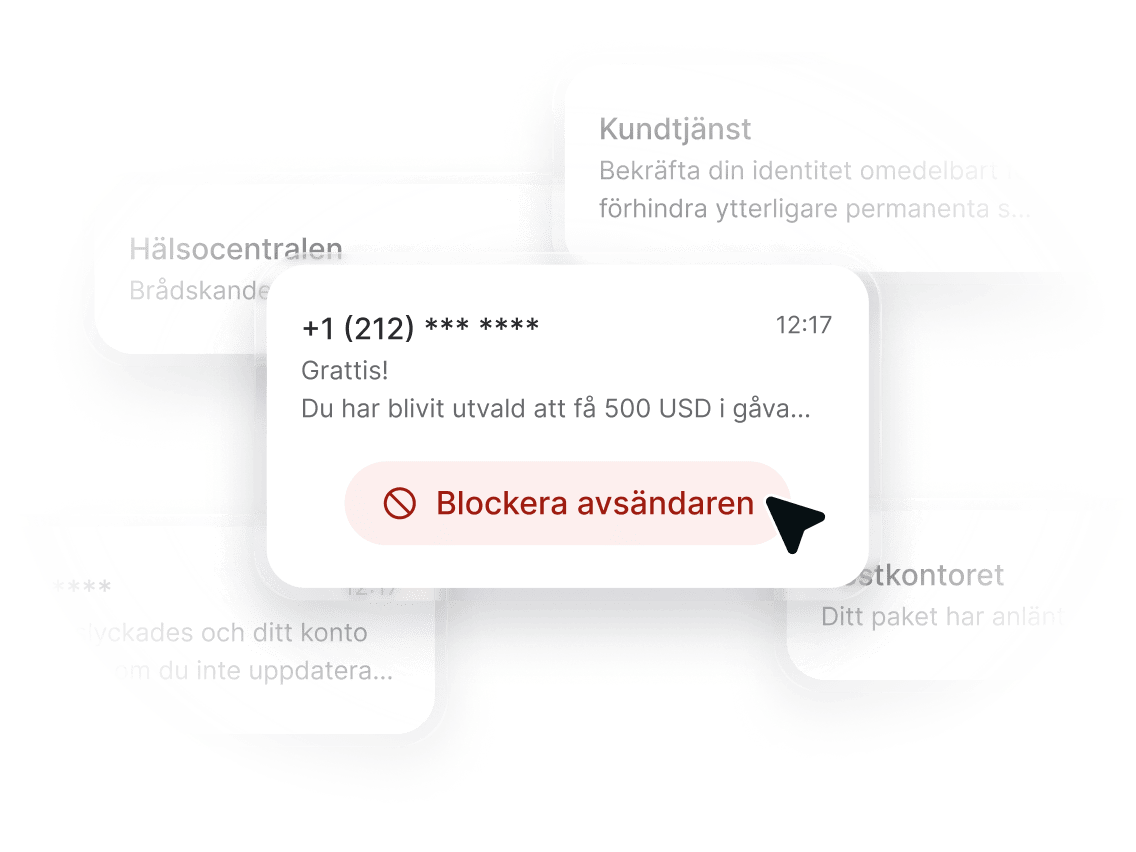 Ett sms från ett okänt nummer med en knapp för att ”Blockera avsändaren” precis under.