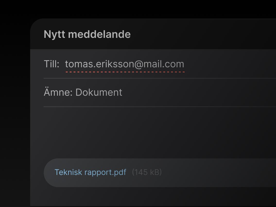 Ett e-postmeddelande med en bifogad pdf-fil och ämnesraden &quot;Dokument&quot;.