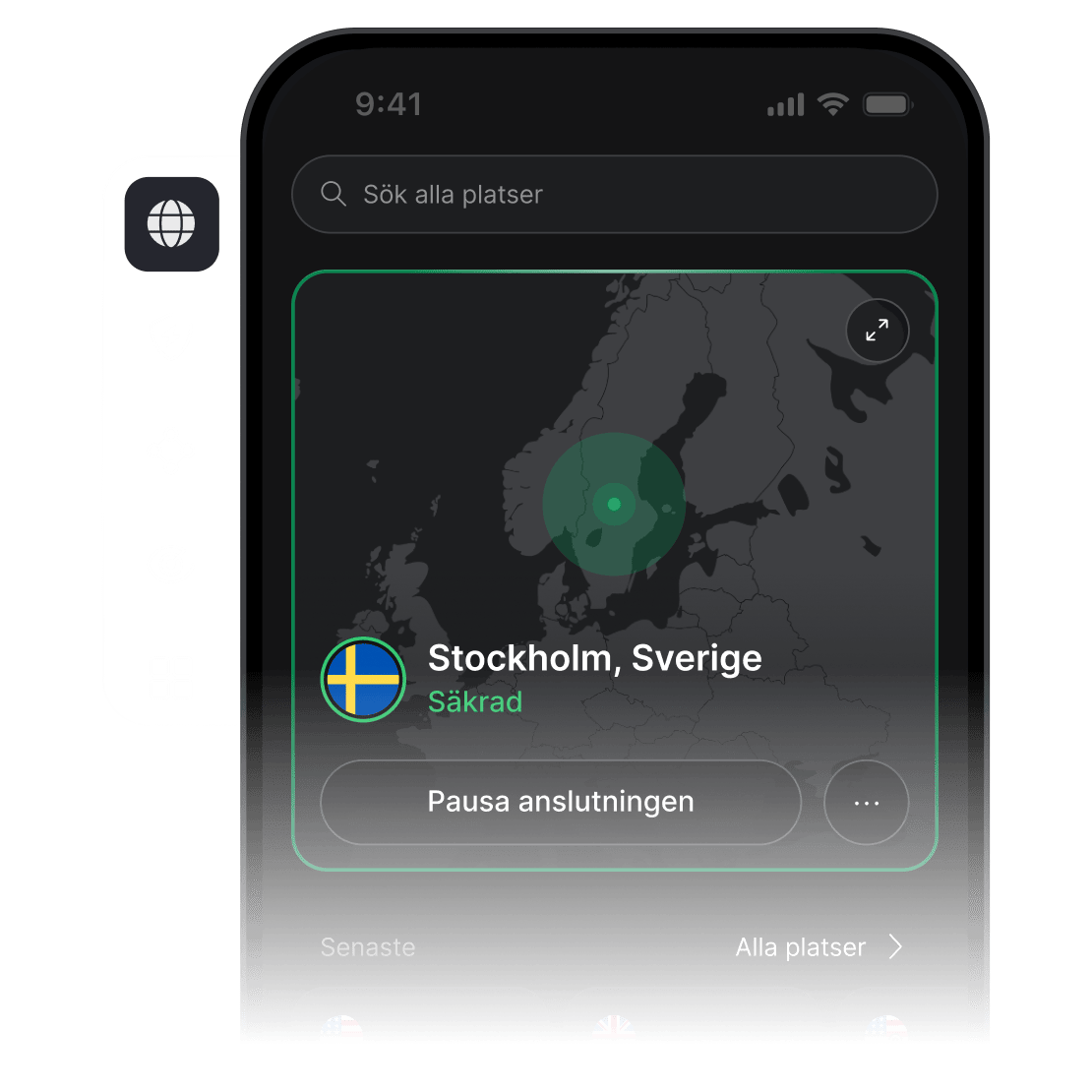 En smarttelefonskärm med NordVPN-appen öppen och ansluten till en VPN-server i USA.