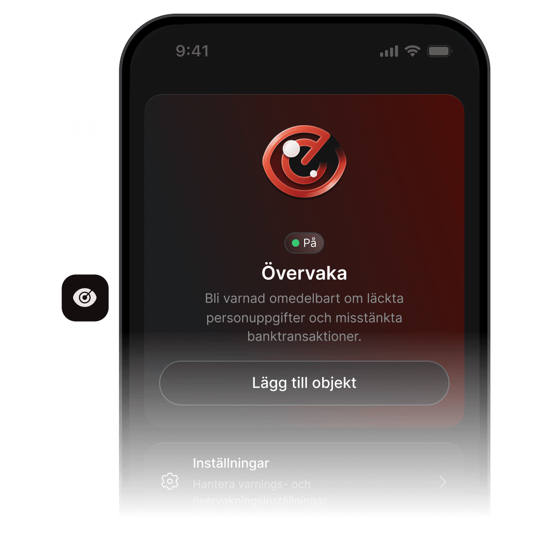 En smarttelefonskärm som visar att NordVPN:s övervakningsfunktion är aktiv och inställd på att skicka varningar.