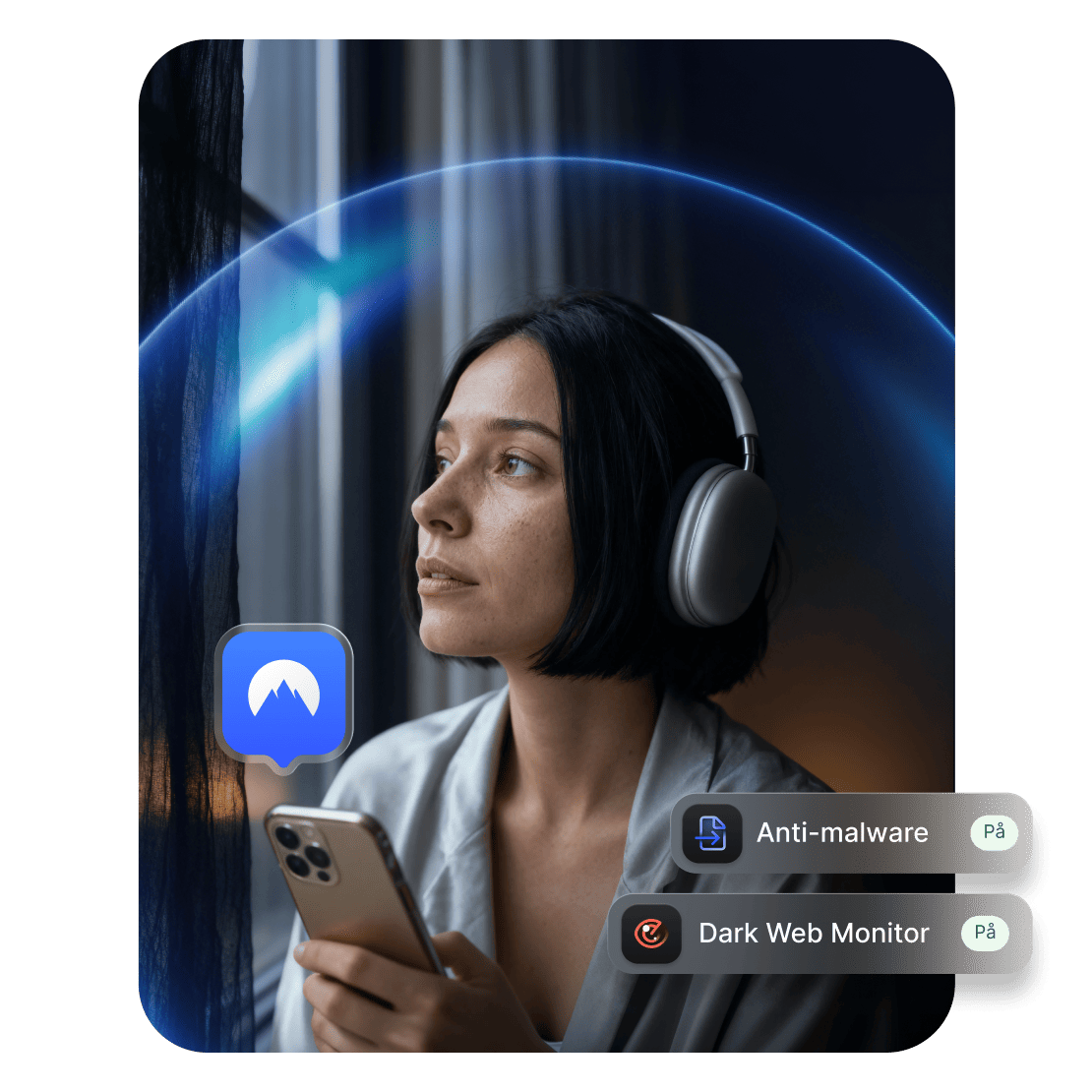 En person med hörlurar som använder en NordVPN-app på sin telefon.