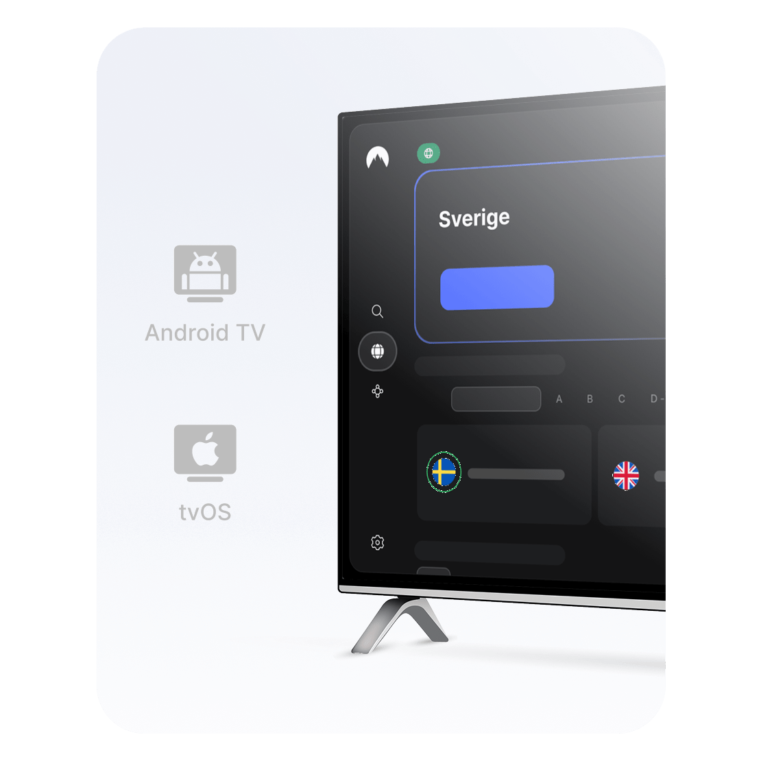 NordVPN-appen på en smart tv med en svensk server vald för att konfigurera ett VPN för streaming.