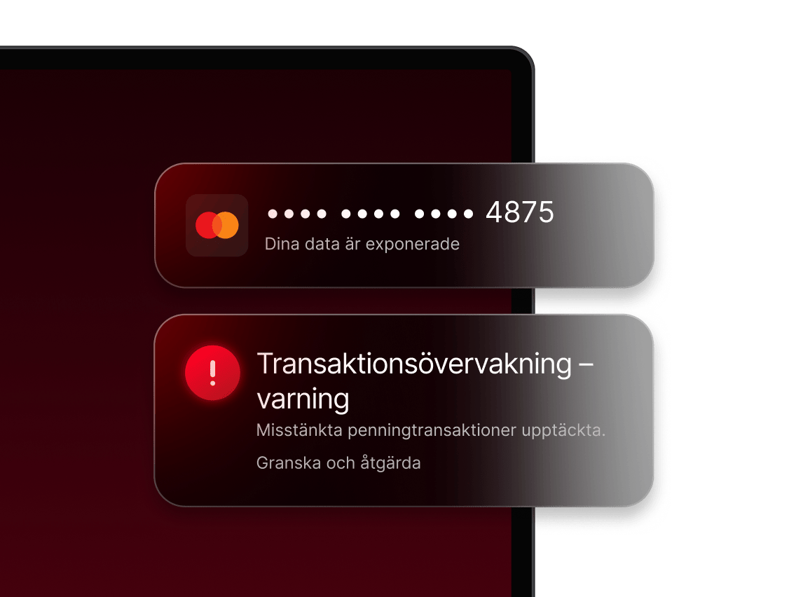 En varning från transaktionsövervakningen som flaggar exponerade bankuppgifter och misstänkta penningrörelser.
