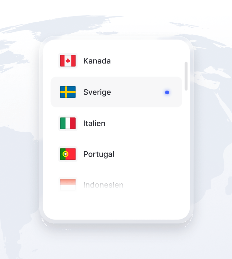 En bild av en del av jordklotet med en lista över tillgängliga VPN-serverplatser framför.